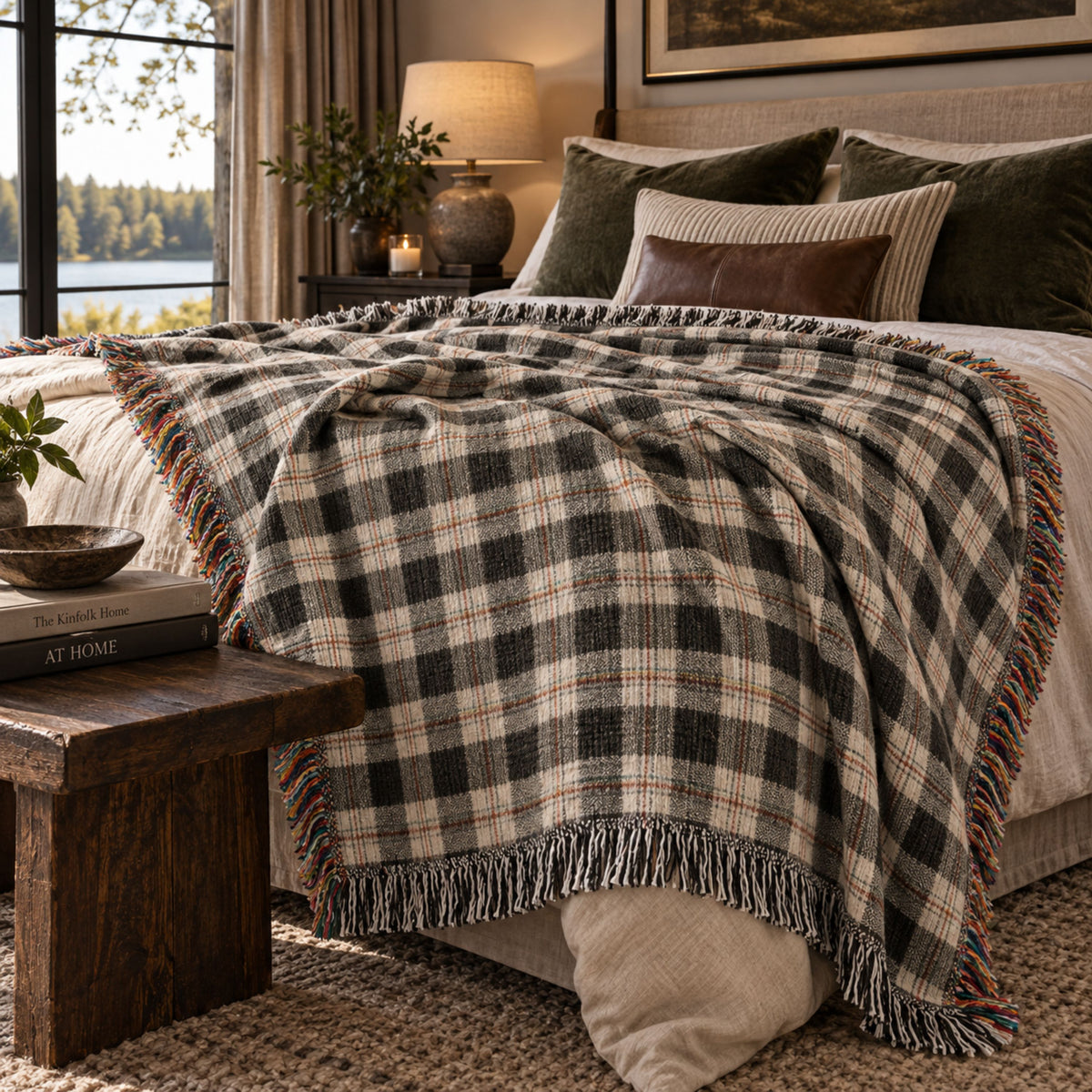 Ivory and black plaid heirloom jacquard woven cotton throw blanket with multicolor fringe folded at the foot of a bed in a lakeside cabin bedroom