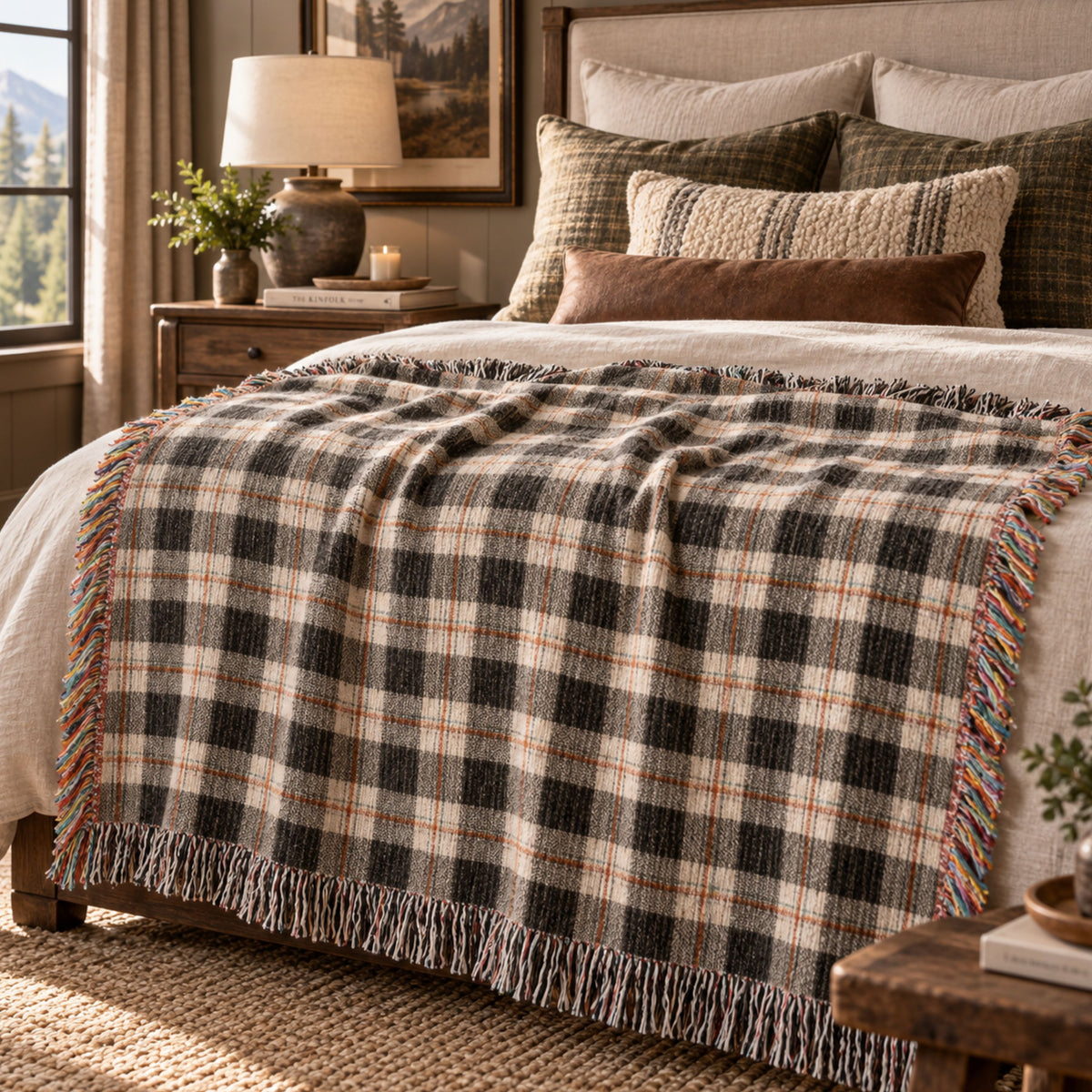 Domino Onyx ivory and black plaid heirloom jacquard woven cotton throw blanket folded at the foot of a bed in a rustic cabin bedroom