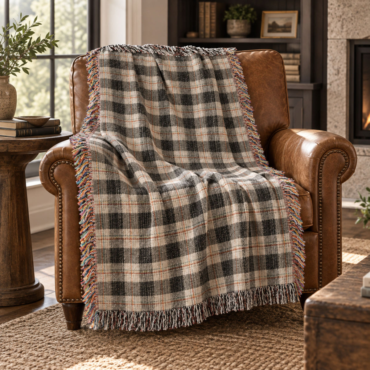 Ivory and black plaid woven cotton throw blanket with multicolor fringe draped over a brown leather armchair by a window