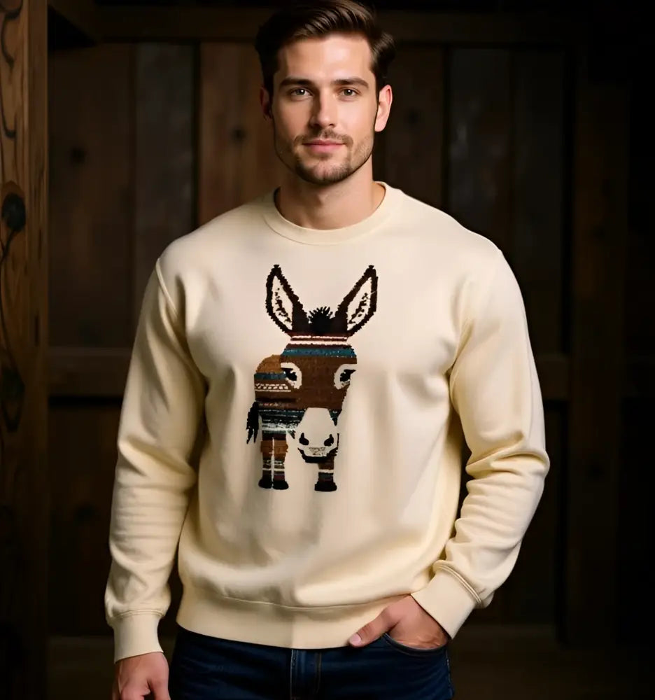 Cream-colored knit donkey sweater with minimal wildlife design