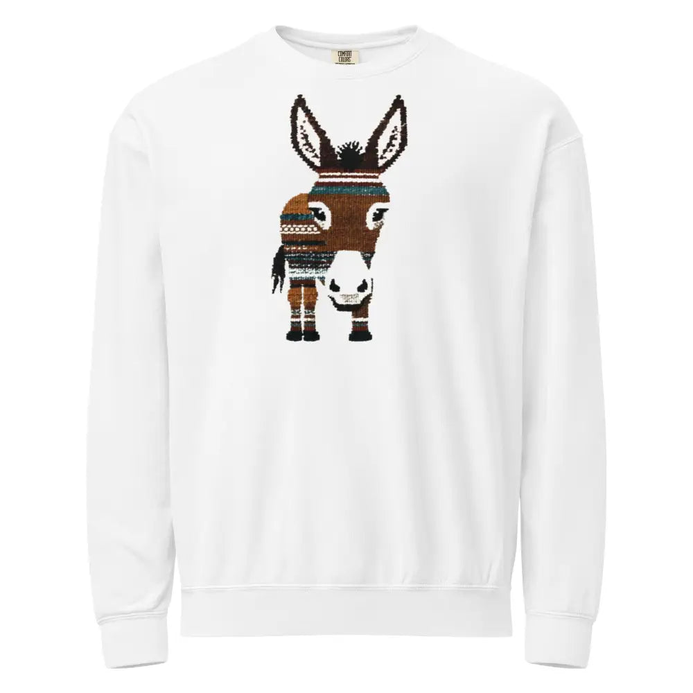 White crewneck sweatshirt with minimal wildlife donkey design