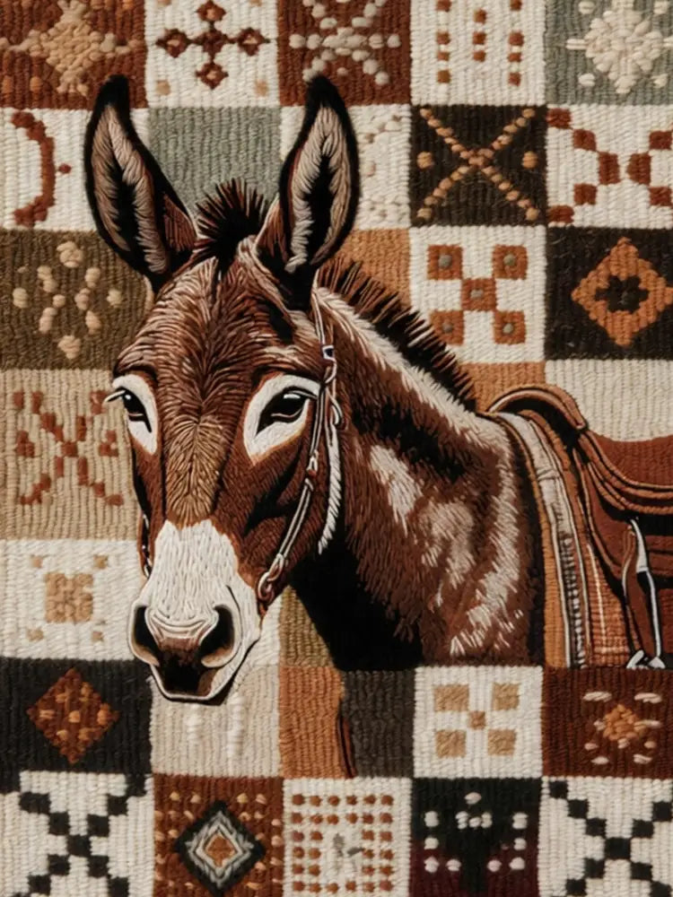 Brown and white embroidered donkey on southwestern patchwork wildlife tapestry throw
