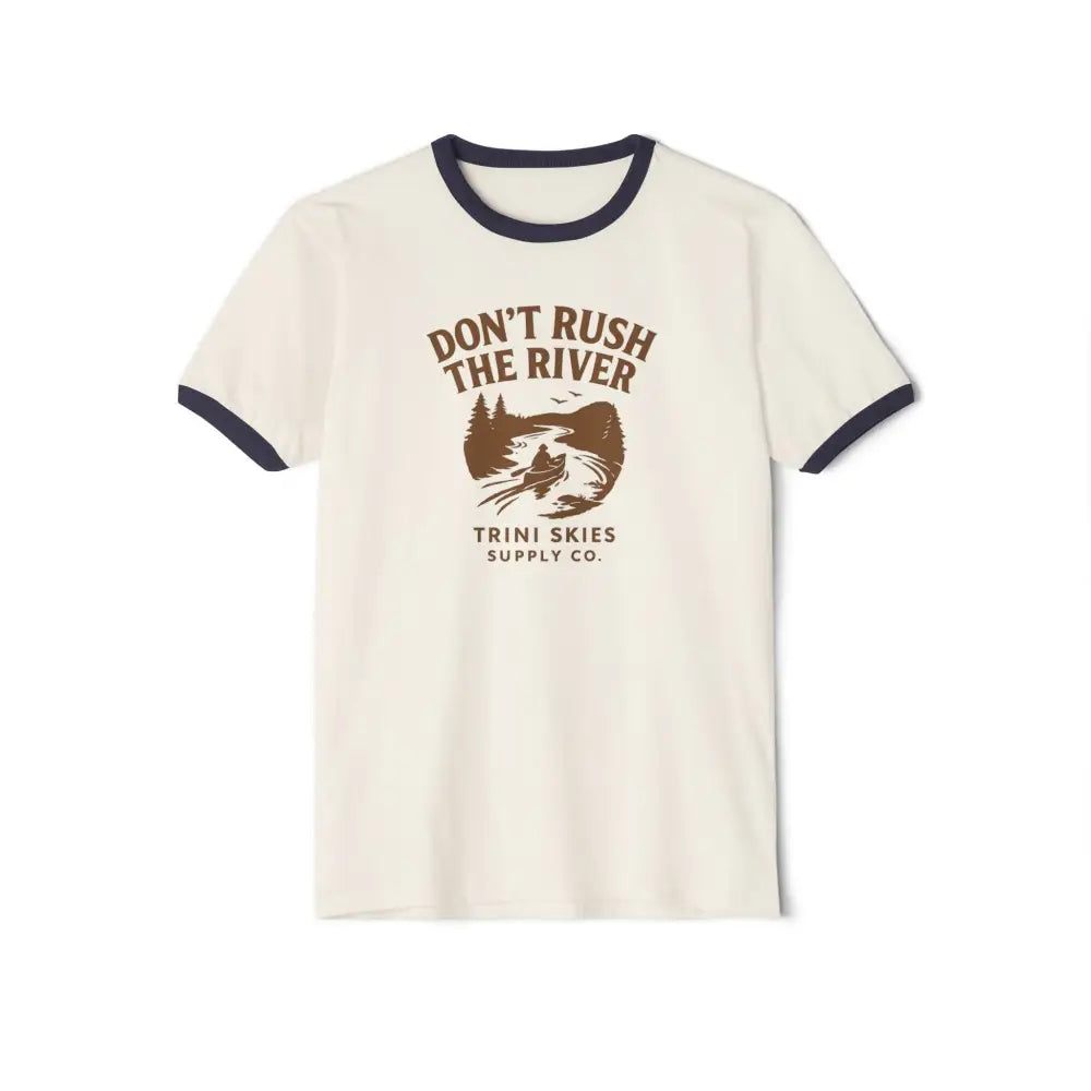 Vintage-style outdoor graphic tee with cream ringer and river design