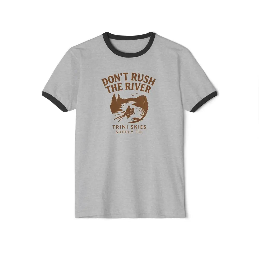 Light gray ringer tee with vintage-style outdoor graphic design