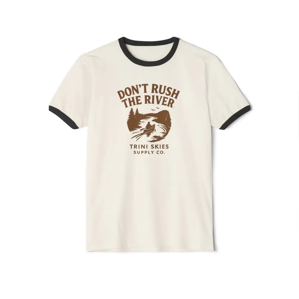 Vintage-style outdoor graphic cream ringer t-shirt with brown print