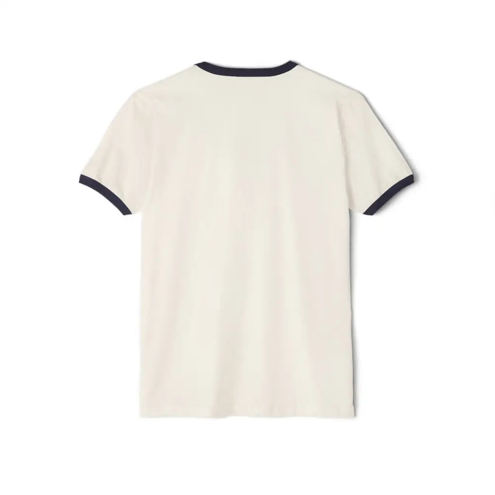 Vintage-style outdoor graphic tee in cream with dark blue trim