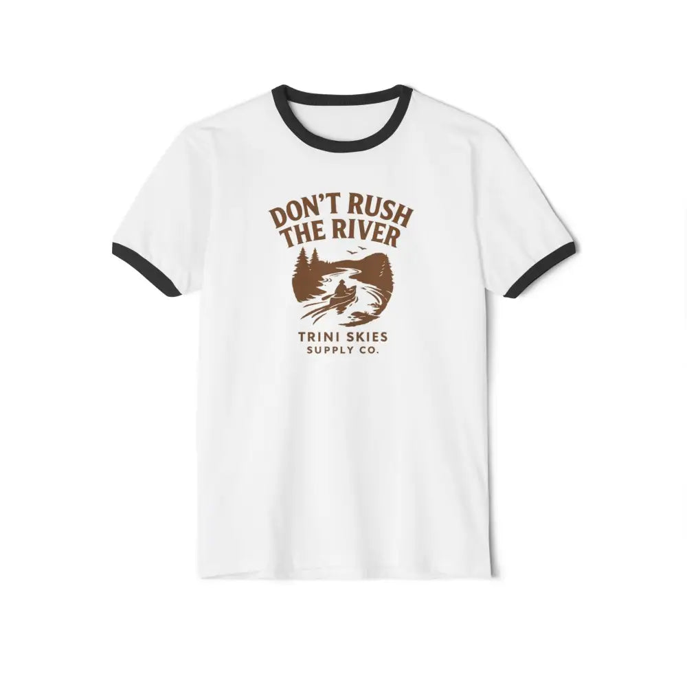 White ringer tee with vintage-style outdoor graphic, Don’t Rush the River design