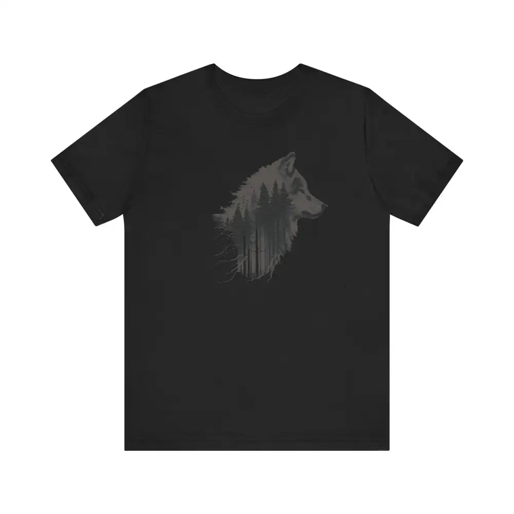 Double exposure wolf forest unisex jersey graphic tee on black t-shirt