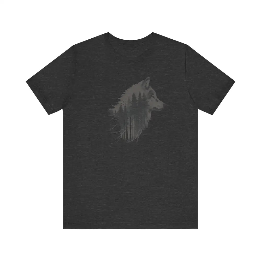Double exposure wolf forest unisex jersey graphic tee in dark gray