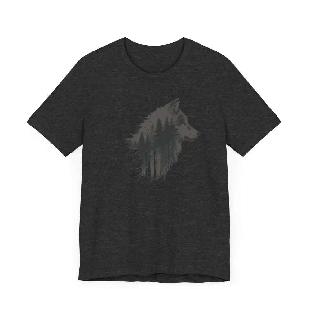Black double exposure wolf forest unisex jersey graphic tee