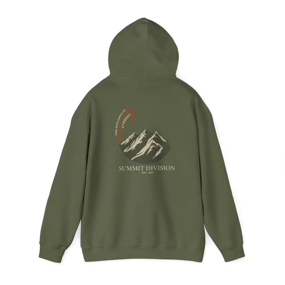 Durable olive green Trini Skies Supply hoodie with mountain graphic