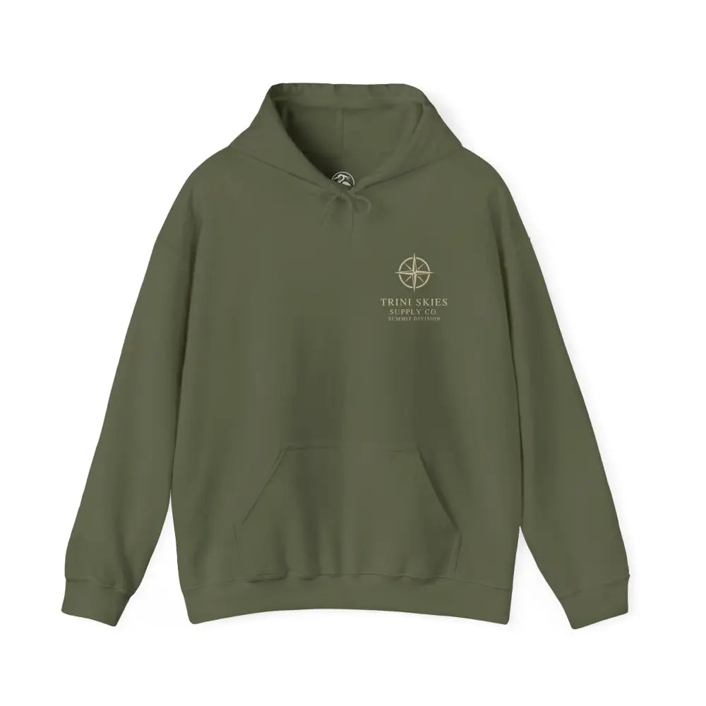 Durable olive green Trini Skies Supply hoodie with embroidered compass logo