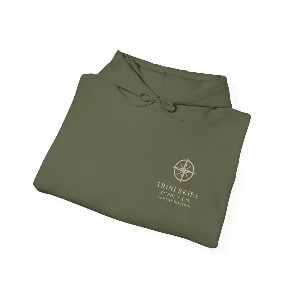 Durable olive green Trini Skies Supply hoodie with compass logo