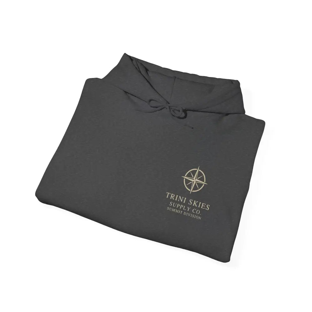 Durable olive green Trini Skies Supply hoodie with compass logo
