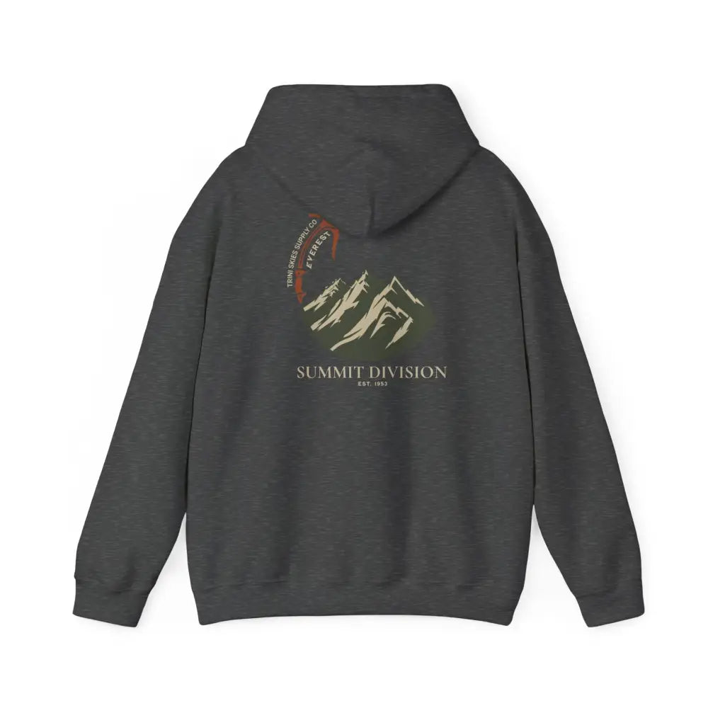 Durable olive green Trini Skies Supply hoodie with mountain graphic