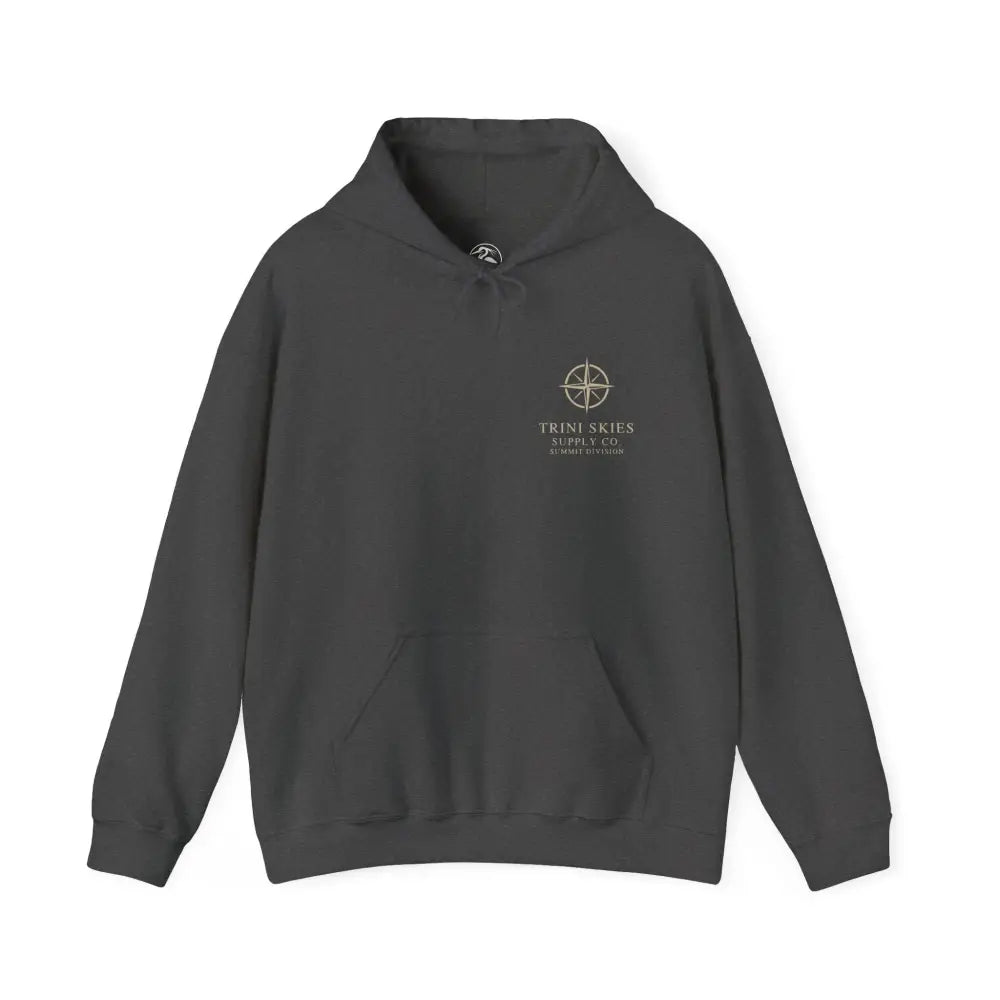 Durable olive green Trini Skies Supply hoodie with compass graphic