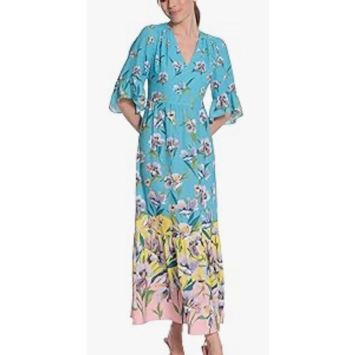 London Times Women's Floral Printed V-Neck Tiered Maxi Dress Sz 4 * Wom1111
