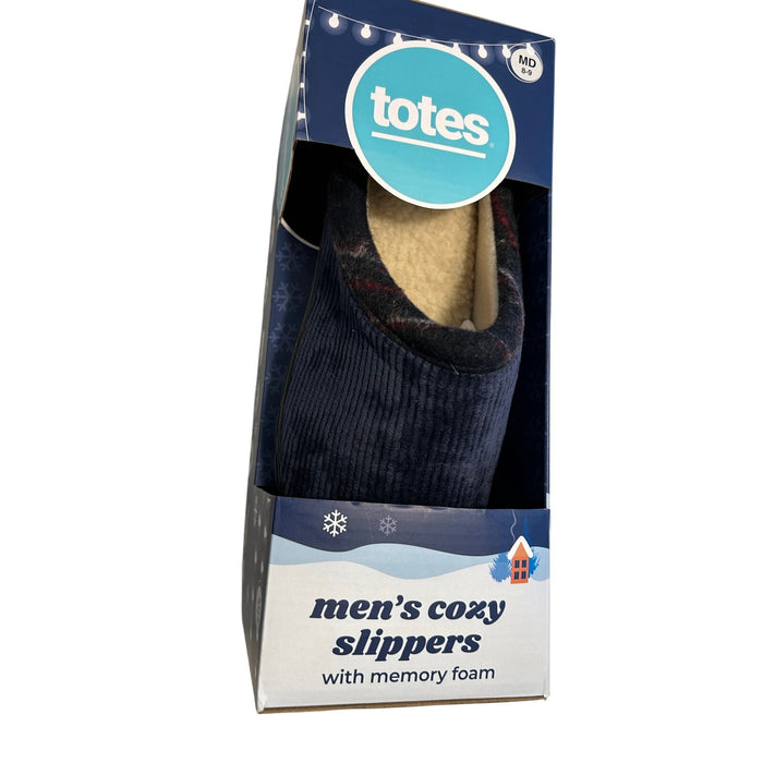 Totes Toasties Men's Memory Foam Slippers - Navy Blue & Plaid - Size MD 8-9 NEW