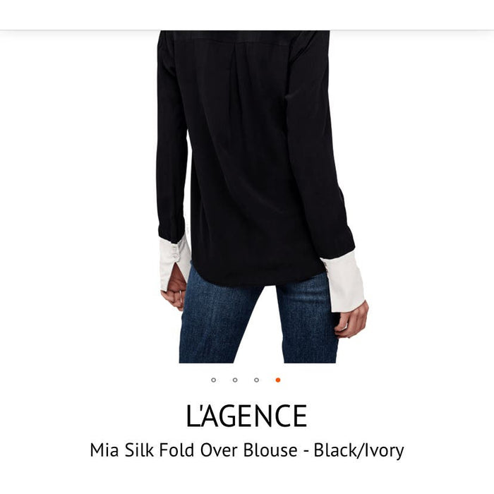 L'AGENCE Mia Silk Fold Over Blouse * Black/Ivory, Size XS MSRP $491 WOM807