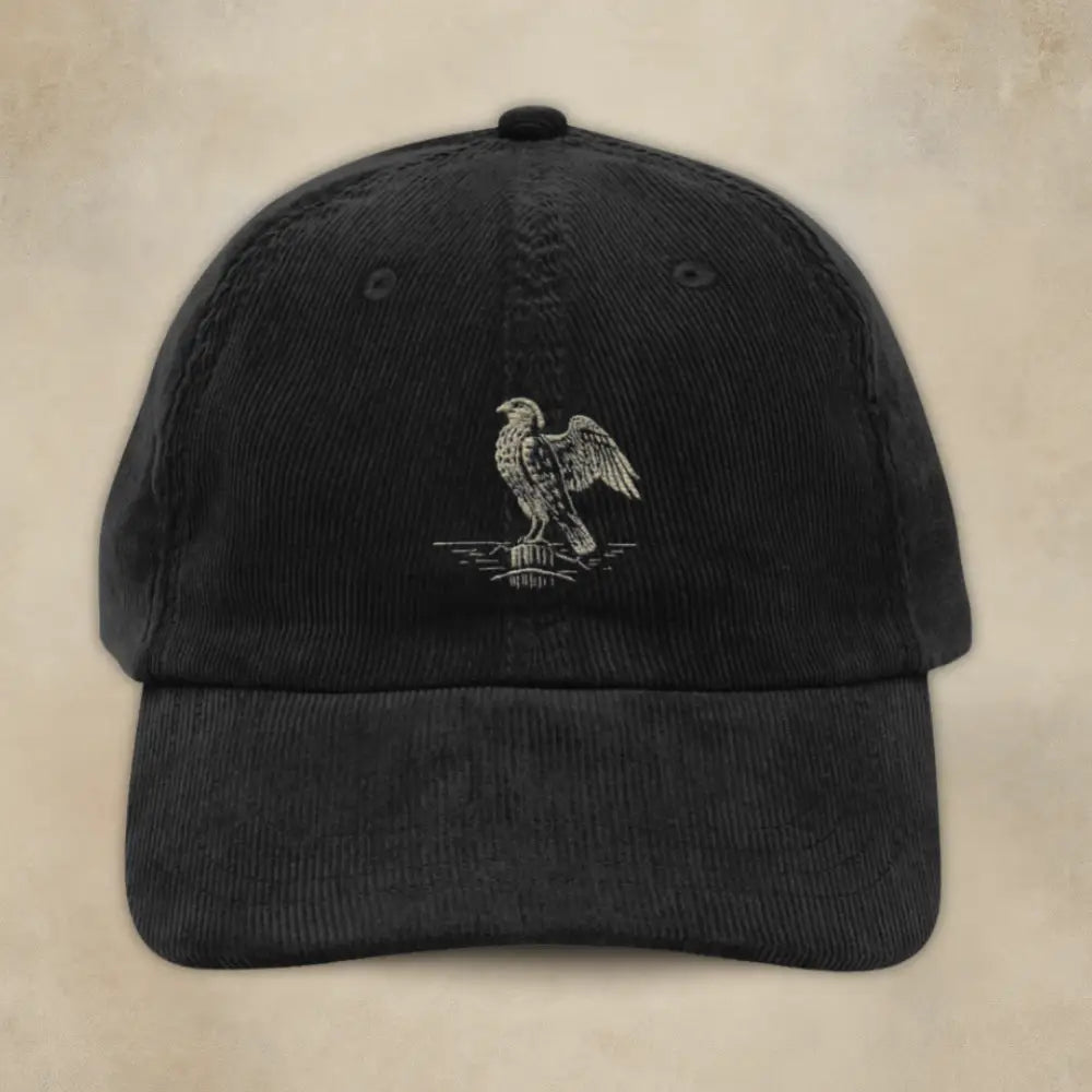 Black corduroy cap with heritage-inspired eagle embroidery
