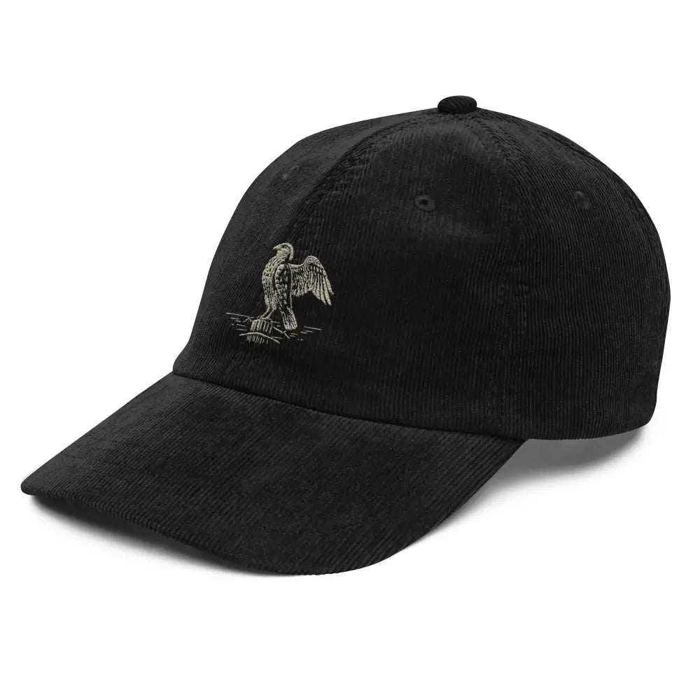 Black heritage-inspired embroidered corduroy cap with eagle design