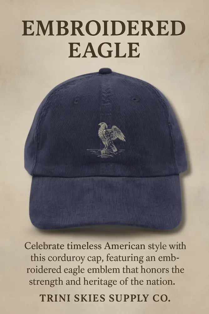 Navy blue heritage-inspired embroidered corduroy cap with eagle