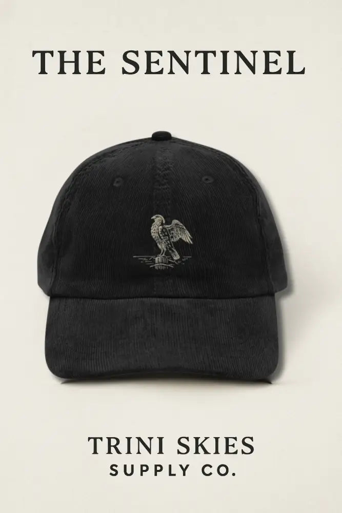 Black embroidered corduroy cap with eagle design, heritage-inspired hat