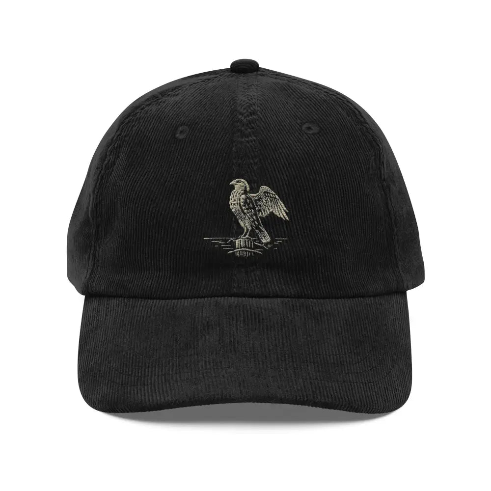 Black corduroy cap with heritage-inspired eagle embroidery