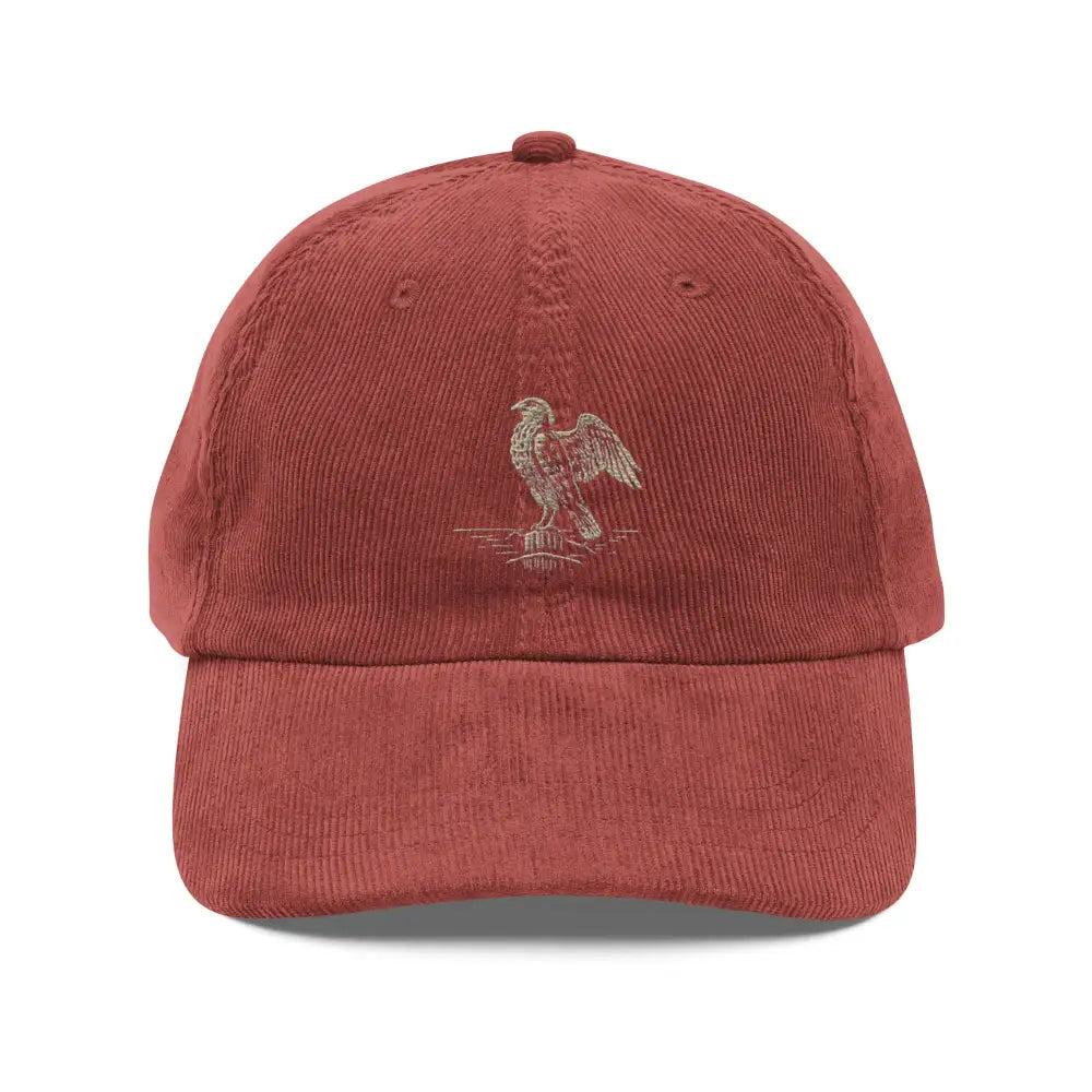 Red heritage-inspired embroidered corduroy cap with eagle