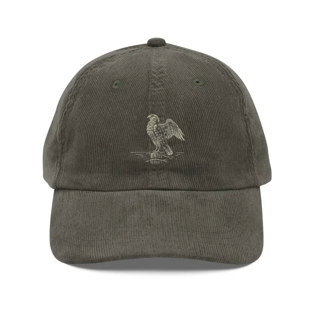 Heritage-inspired olive green embroidered corduroy cap with eagle