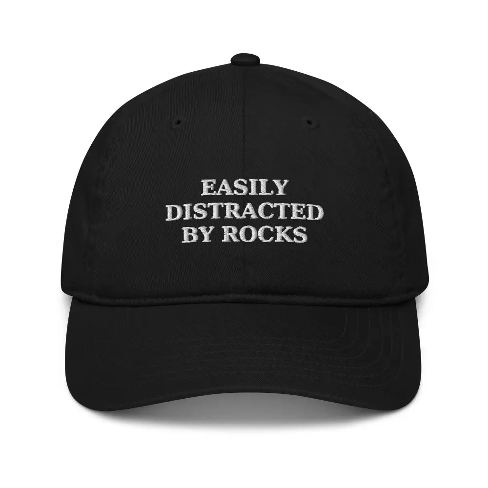 Black embroidered organic cotton dad hat with white text