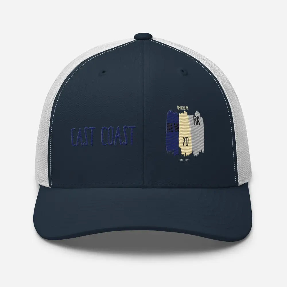 Navy blue and white mesh East Coast Brooklyn embroidered snapback trucker hat