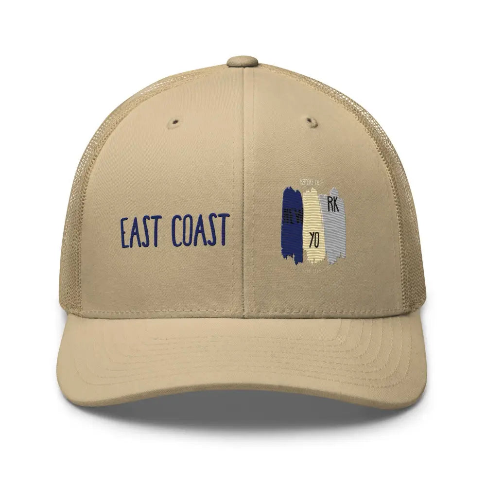 Beige mesh East Coast Brooklyn embroidered snapback trucker hat