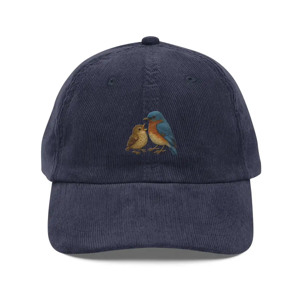 Eastern bluebird chick embroidered corduroy cap in navy blue