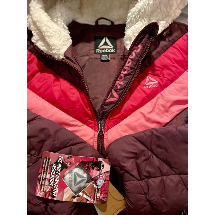 Reebok Sherpa Hooded Retro Chevron Jacket Size Med * Bright Pink Colors WOM104
