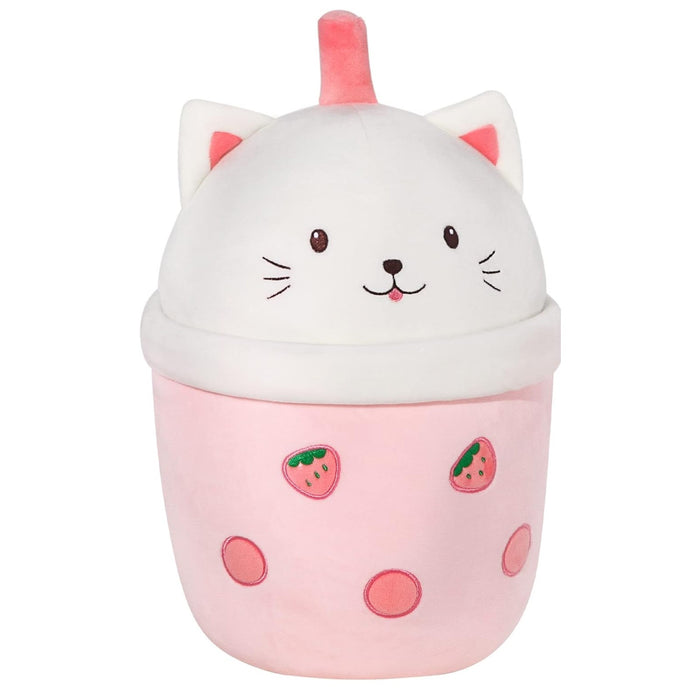 14 Inch Boba Tea Strawberry Cat Plush Pillow - Soft Hugging Toy for Kids & Decor