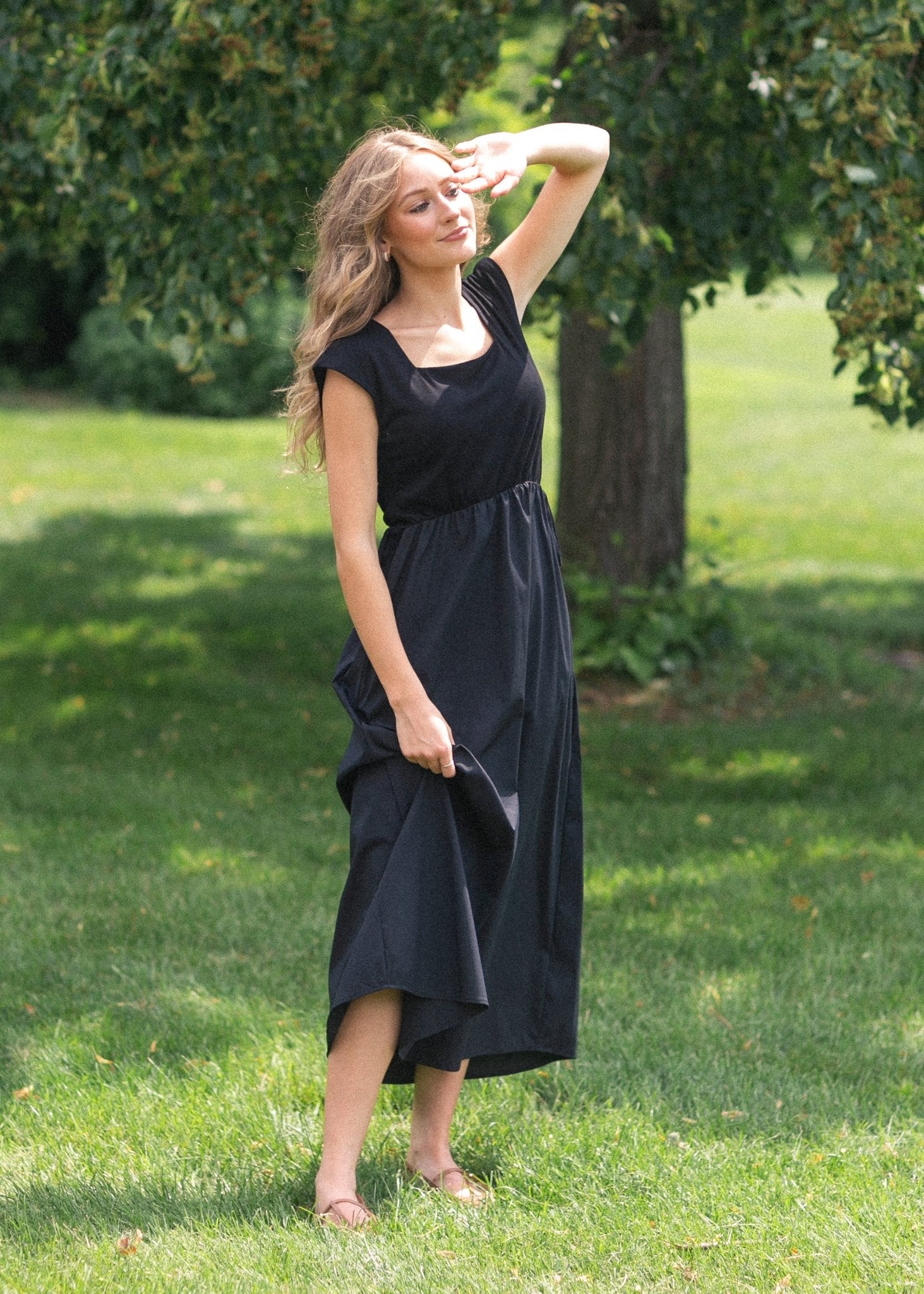Eleanor A - line Maxi Dress – Black | Square Neckline with Adjustable Waist - Triniskies