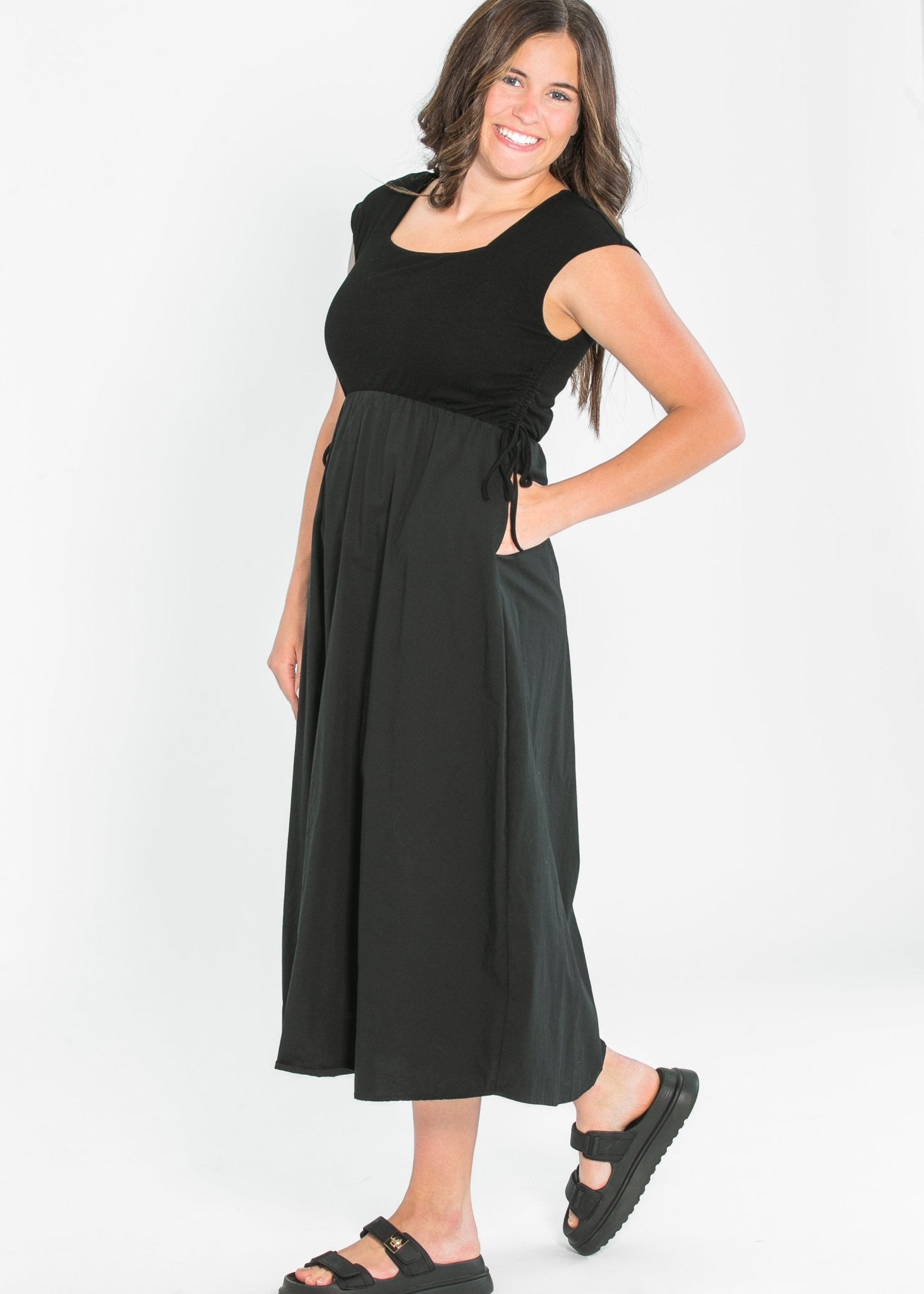 Eleanor A - line Maxi Dress – Black | Square Neckline with Adjustable Waist - Triniskies