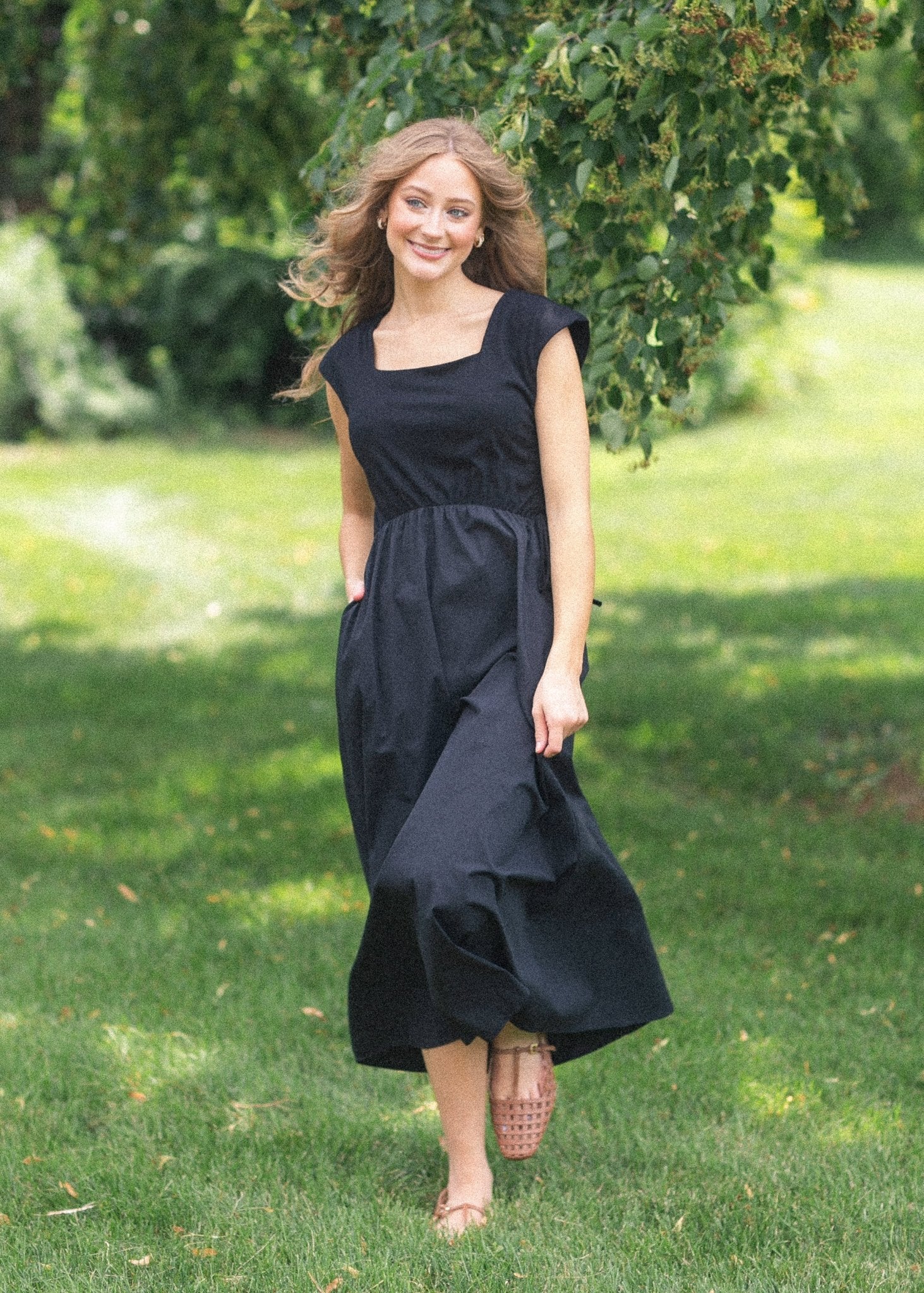 Eleanor A - line Maxi Dress – Black | Square Neckline with Adjustable Waist - Triniskies
