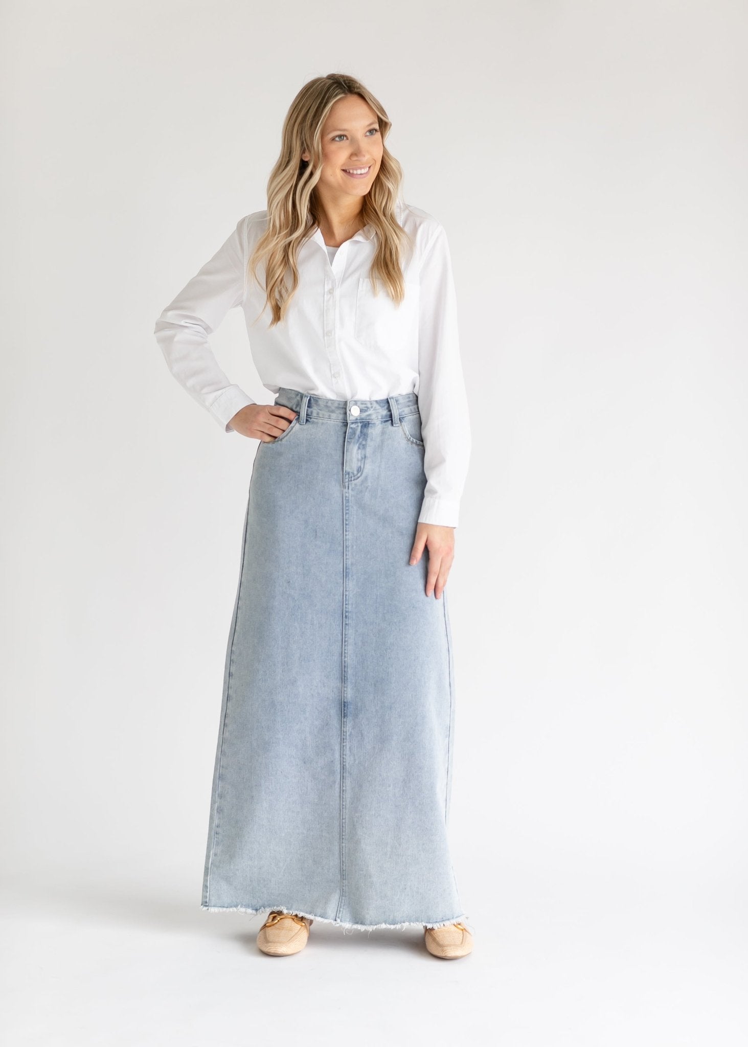 Elisha Light Wash Long Denim Skirt – Women’s Maxi A - Line Jean Skirt with Pockets - Triniskies