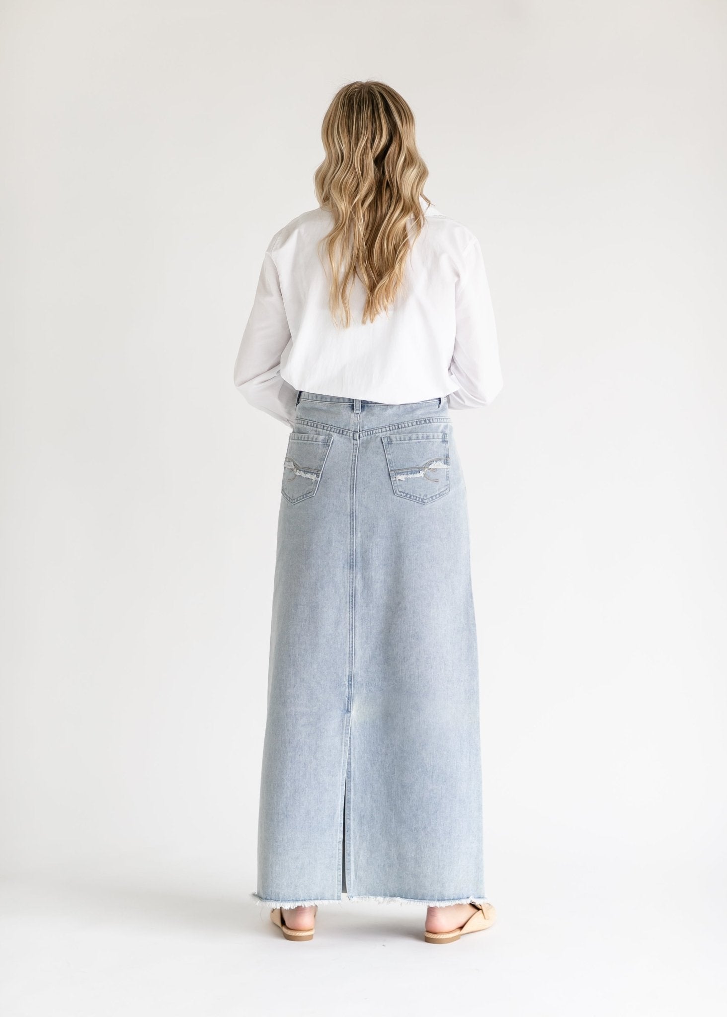 Elisha Light Wash Long Denim Skirt – Women’s Maxi A - Line Jean Skirt with Pockets - Triniskies