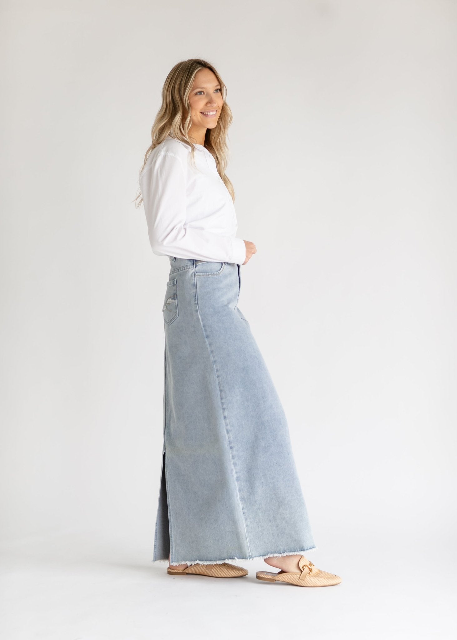 Elisha Light Wash Long Denim Skirt – Women’s Maxi A - Line Jean Skirt with Pockets - Triniskies