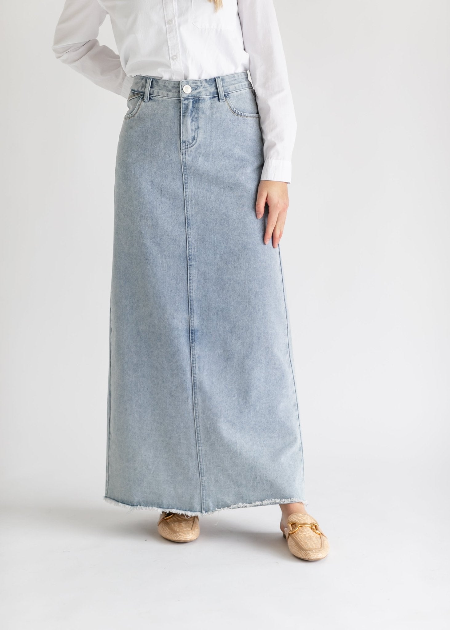 Elisha Light Wash Long Denim Skirt – Women’s Maxi A - Line Jean Skirt with Pockets - Triniskies