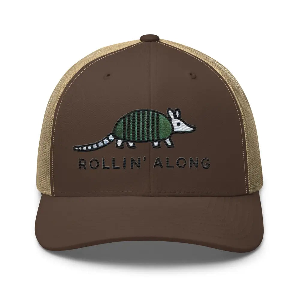 Brown khaki embroidered armadillo Rollin Along trucker hat – adjustable mesh back cap
