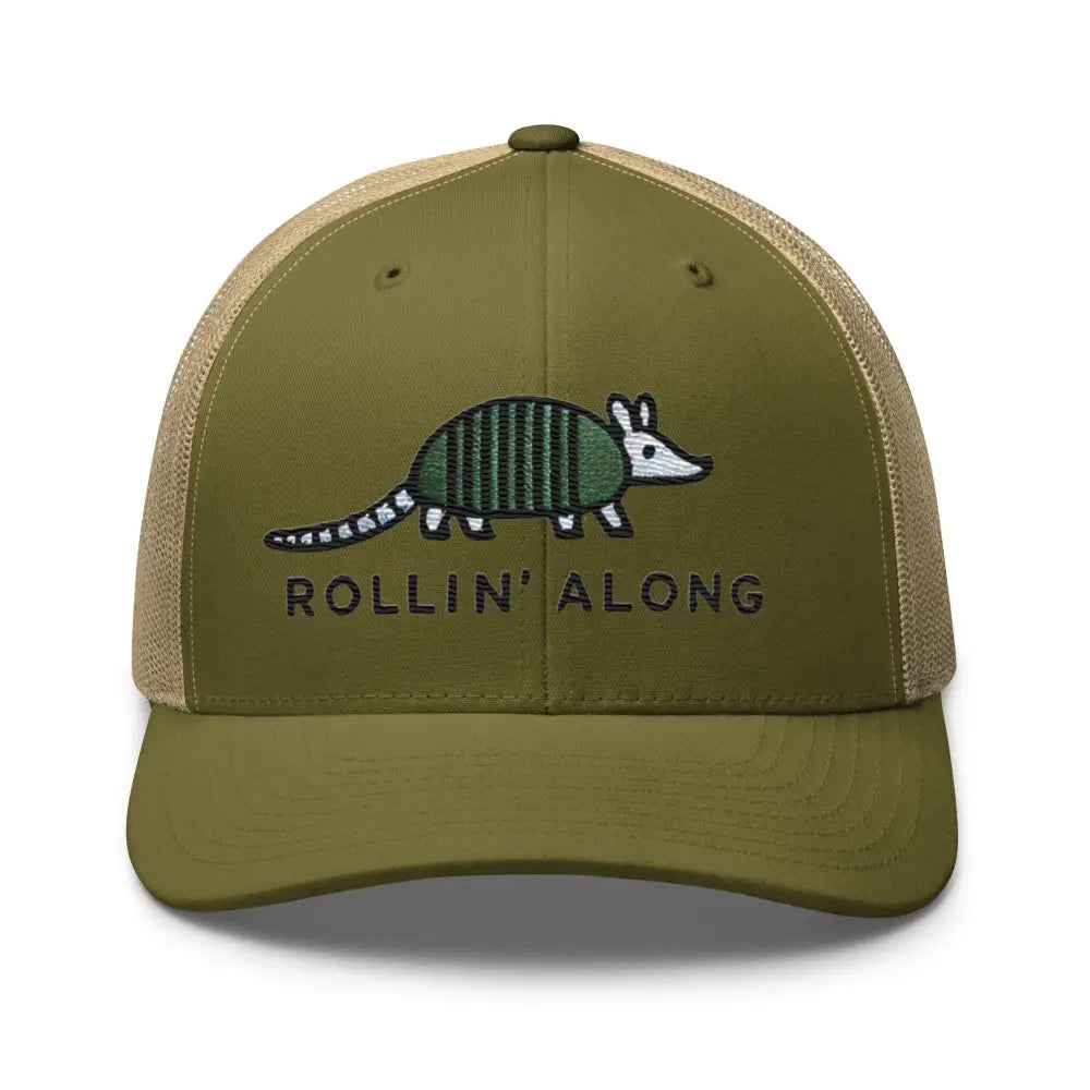 Moss khaki embroidered armadillo Rollin Along trucker cap – adjustable mesh back hat