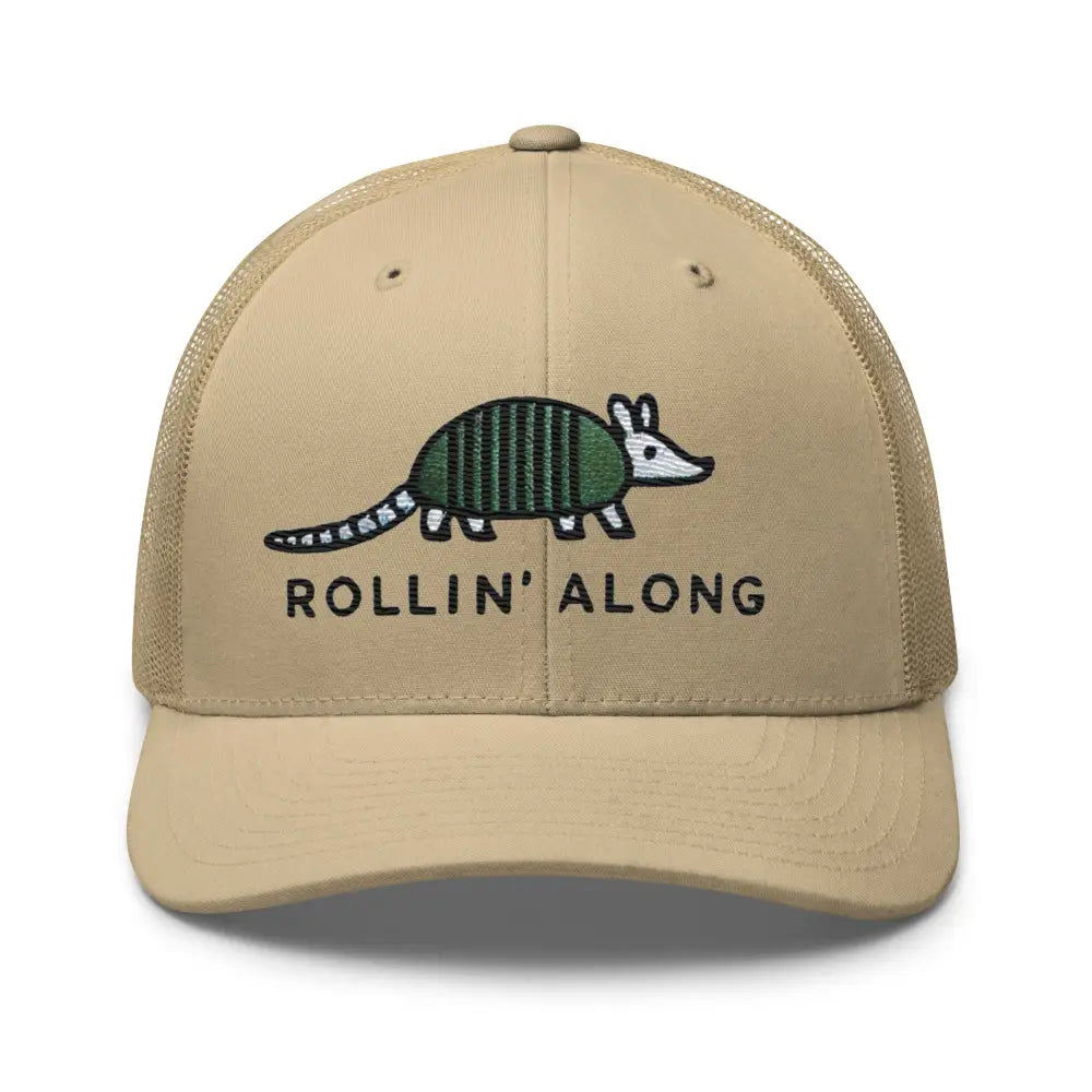 Khaki embroidered armadillo Rollin Along trucker hat – adjustable mesh back cap