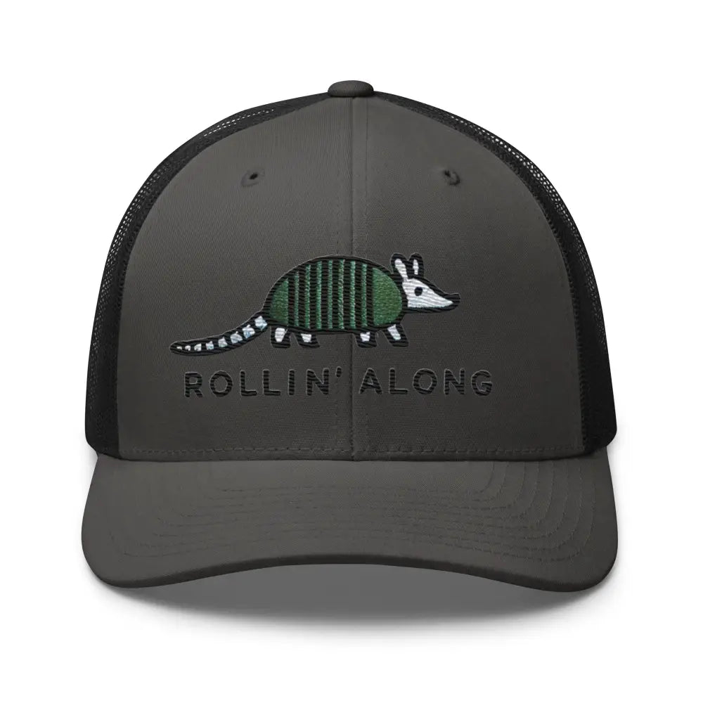 Charcoal black embroidered armadillo Rollin Along trucker cap – adjustable mesh back hat