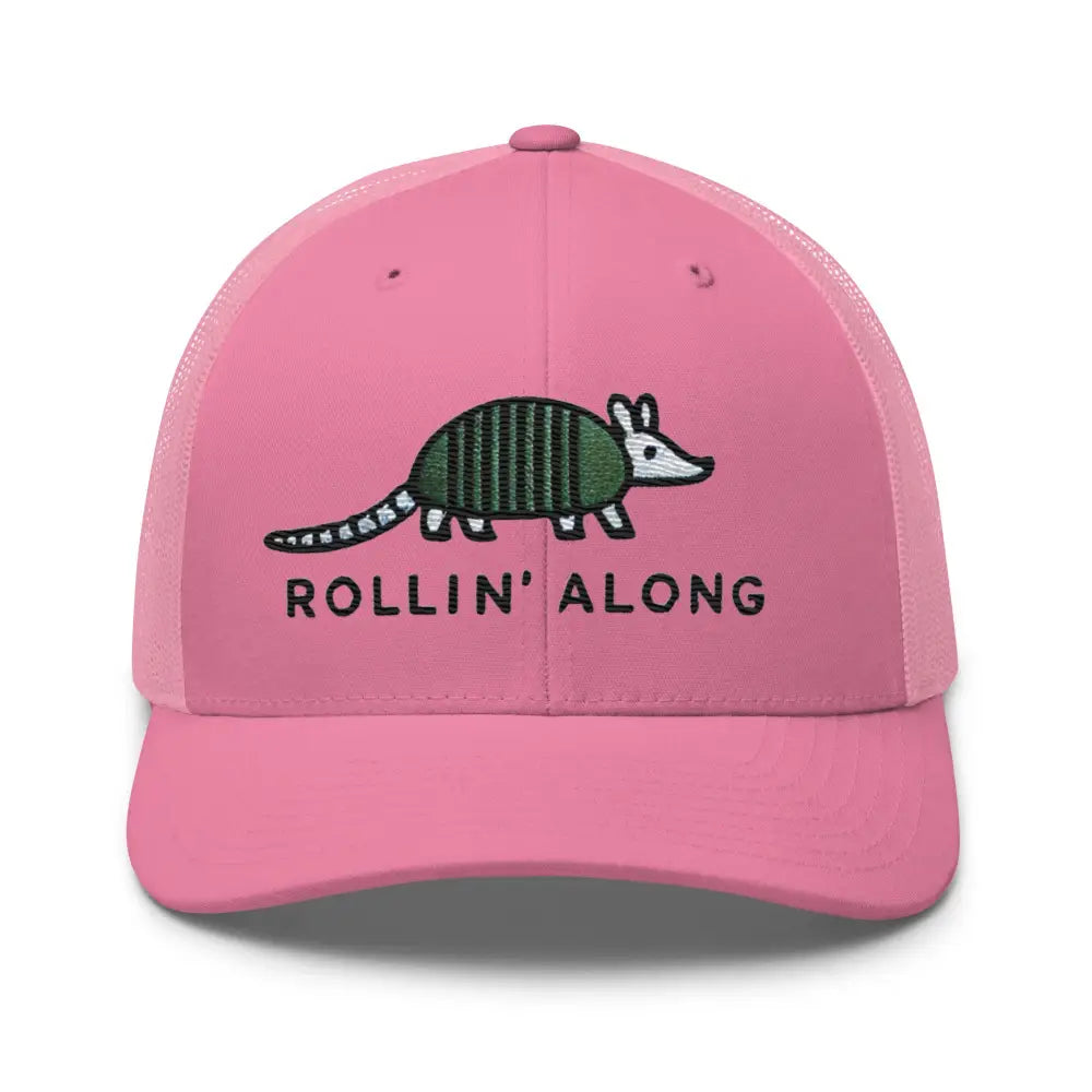 Pink embroidered armadillo Rollin Along trucker hat – adjustable mesh back cap for women