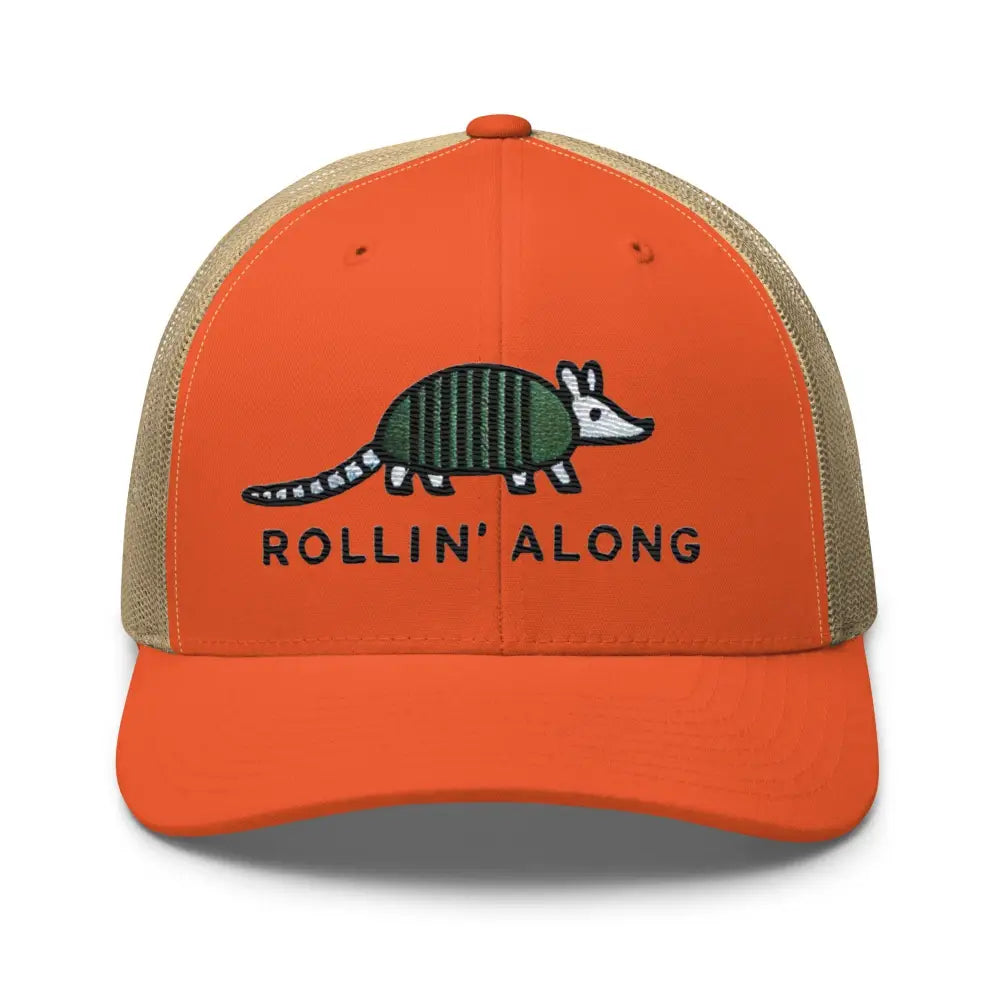 Rustic orange tan embroidered armadillo Rollin Along trucker cap – adjustable mesh hat