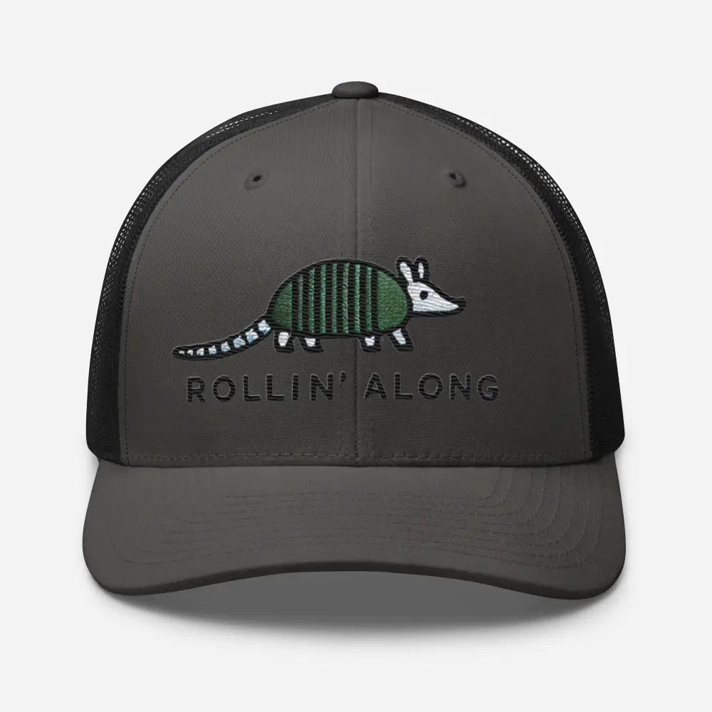 Heather black embroidered armadillo Rollin Along trucker hat – adjustable mesh back cap